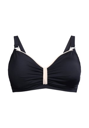 Navy blue bikini top with soft fabric, gathered center, cream accent band, and adjustable straps. Smooth texture with a sleek design.