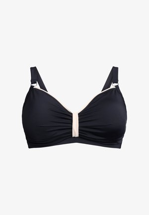 Haut de bikini bleu marine en tissu doux, avec un centre froncé, une bande d'accent crème et des bretelles ajustables. Texture lisse avec un design épuré.