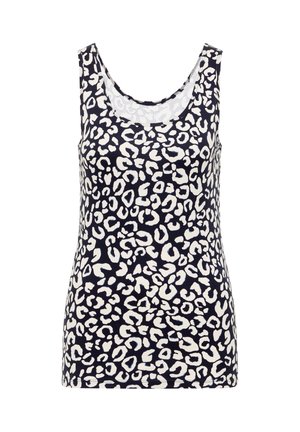 Haut sans manches pour femme avec encolure dégagée, base noire et motif léopard blanc irrégulier.