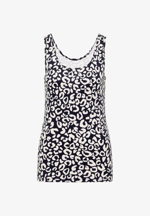 Ärmelloses Damenoberteil mit Rundhalsausschnitt, schwarzer Grundfarbe und weißem unregelmäßigem Leopardenmuster.