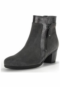 Graue Wildleder-Ankle-Boots mit tapered Form, schwarzen Lederakzenten und einem seitlichen Reißverschluss. Includes einen niedrigen Blockabsatz für Stabilität.