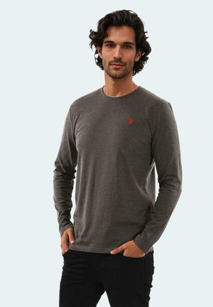 Long-sleeve gray T-shirt made of soft cotton, featuring a round neckline and a small red logo on the chest. Classic fit with a smooth texture.