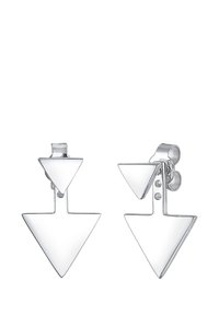 Silberne Ohrringe aus Metall mit einem geometrischen Design, das aus zwei dreieckigen Formen besteht, von denen eine nach oben und die andere nach unten zeigt, mit einer polierten Oberfläche.