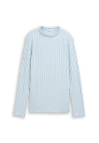 Helles blaues, geripptes Langarmshirt mit Rundhalsausschnitt. Weicher Stoff, gerader Schnitt und minimalistischem Design ohne Verzierungen.