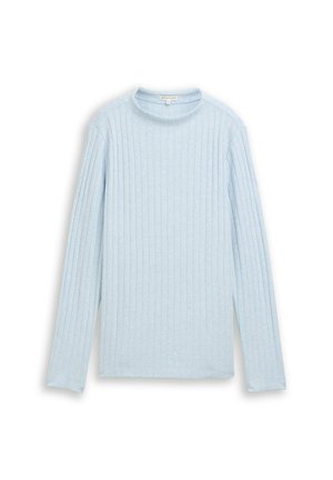 Lichtblauwe geribde lang-sleeve top met een ronde halslijn. Zachte textuur, rechte snit en minimalistisch ontwerp zonder versieringen.