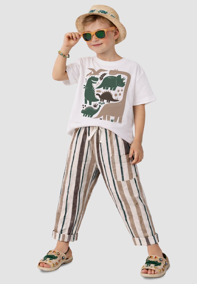 Unge barn iført en stråhat, orange solbriller, hvid T-shirt med dinosaurtryk, stribede bukser og dinosaur-tema sandaler, der står med et smil.