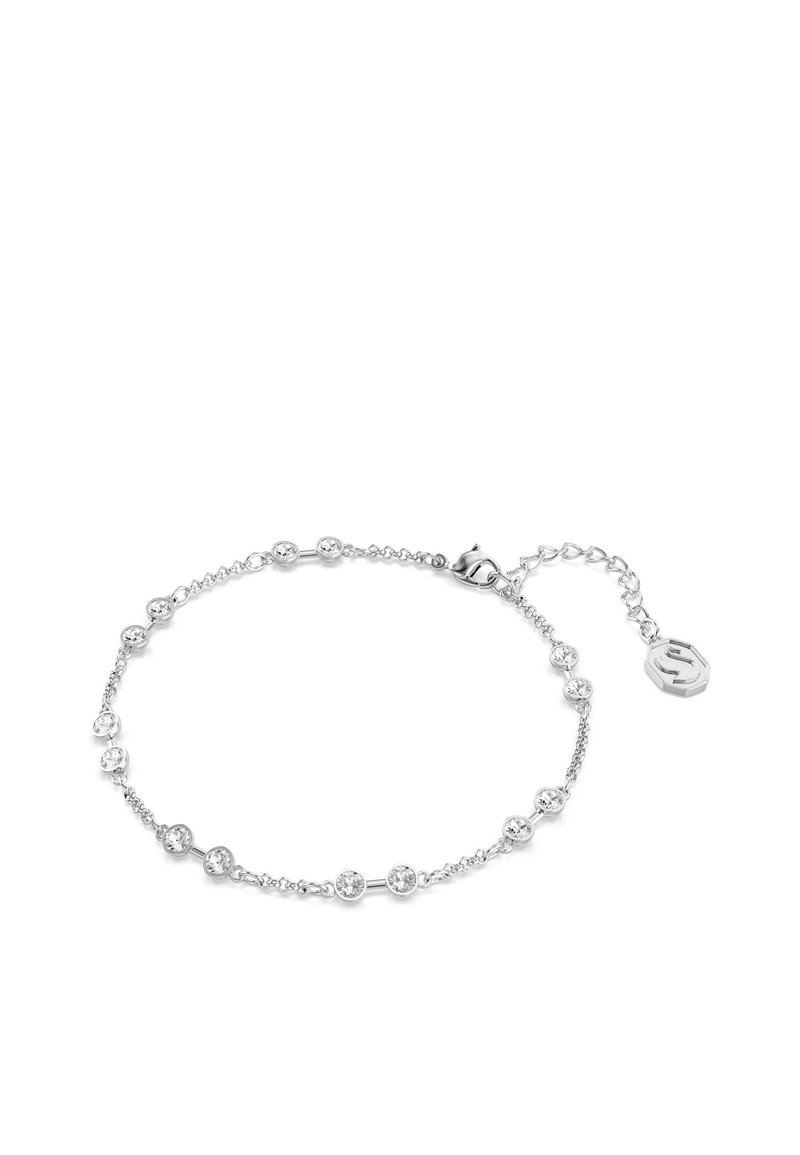 Srebrna bransoletka łańcuszkowa z okrągłymi przezroczystymi kamieniami szlachetnymi, w naprzemiennym układzie, z regulowaną długością i małym okrągłym charms'em.