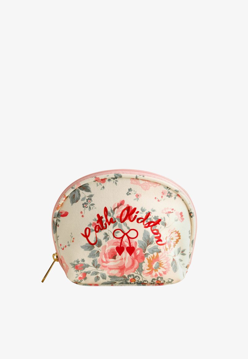 Mic punguță din material textil cu flori mici roz, roșii și gri, text roșu "Cath Kidston" și un fermoar auriu pe partea stângă.