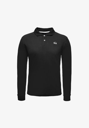 Black long-sleeve polo shirt made of cotton, featuring a two-button placket and a small embroidered design on the chest.