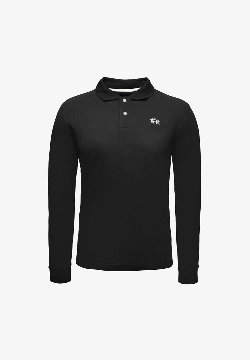 Polo a maniche lunghe nera in cotone, con un colletto a due bottoni e un piccolo design ricamato sul petto.