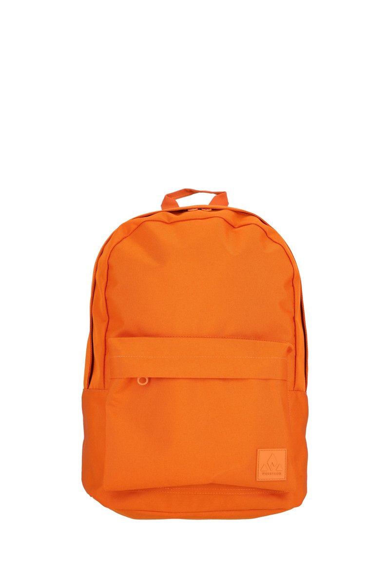 Oranje stoffen rugzak met een ronde vorm, een voorkantvak en een handvat aan de bovenkant. Bevat een klein logo-opdruk in de rechterbenedenhoek.