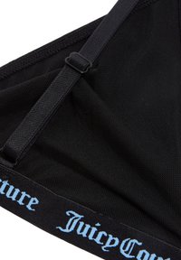 Bralette in rete nera con spalline regolabili. Presenta un elastico nero con la scritta "Juicy Couture" stampata in azzurro chiaro. Tessuto testurizzato.