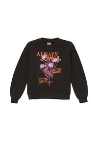 Sweatshirt en polaire noir à manches longues avec un graphisme floral en texte violet et orange. Le design inclut des phrases inspirantes.
