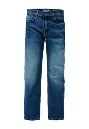 Jeans in denim blu con taglio dritto, leggera scoloritura sulle cosce, design a cinque tasche e chiusura con bottone. Tessuto resistente e strutturato.