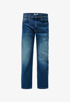 Modre kavbojke s ravnim krojem, svetlo zbledene na stegnih, zasnova s petimi žepi in zapiranjem na gumb. Trajna teksturirana tkanina.