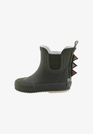 Schwarzer Gummistiefel mit strukturierter Oberfläche und elastischem Seitenteil. Verfügt über bunte dreieckige Akzente an der Ferse und eine robuste Sohle.