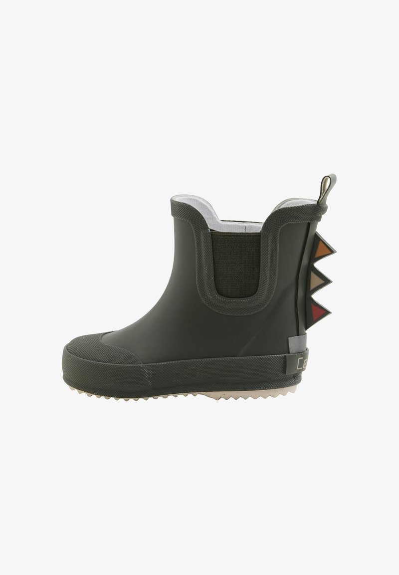 Zwarte rubberen laars met een gestructureerd oppervlak en een elastisch zijpaneel. Heeft kleurrijke driehoekige accenten bij de hiel en een stevige zool.