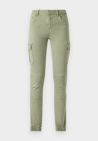 Pantalons cargo en vert olive, dotés de jambes fuselées, de multiples poches et de poignets élastiques. Fabriqués en tissu résistant en mélange de coton.
