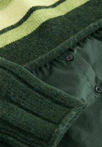 Grüner Strickpullover mit gelb-grünen Streifen oben; verfügt über gerippte Bündchen und ein weiches grünes Stofffutter darunter mit dunklen Knöpfen.
