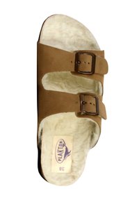 Brune ruskindsandal med to justerbare spænder, fuzzy cremefarvet foring, åbent tådesign og flad sål. Størrelse 38 label synlig.