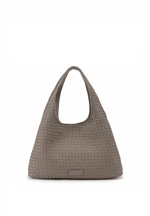 Borsa hobo grande in pelle intrecciata color talpa con manico superiore curvo e targhetta rettangolare del marchio al centro frontale.