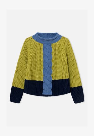 Paksu kampsun, millel on kollane ülakeha ja varrukad, tumesinised alumised varrukad ja serv ning keskel sinine palmikutega kampsunipaneel ja krae.