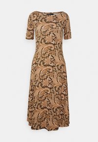 Brun klänning med korta ärmar, prydd med ett paisleymönster i guld- och orange nyanser, med en avslappnad passform och knälång fåll.