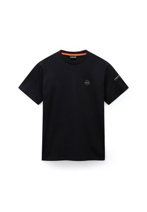 Black cotton t-shirt with a round neckline, short sleeves, and a small circular logo in orange on the left chest. Features contrast stitching.