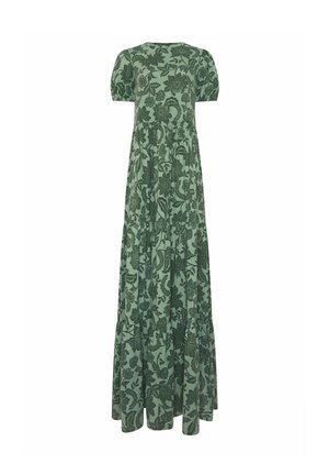 Langes grünes Kleid mit dunkelgrünem Blumenmuster, kurzen Puffärmeln und gestuftem, fließendem Rock, geeignet für legere oder halb-formelle Anlässe.