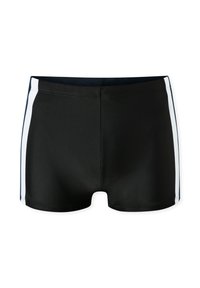 Zwarte zwembroek met witte verticale strepen aan beide zijden, ontworpen voor mannen, weergegeven tegen een witte achtergrond.