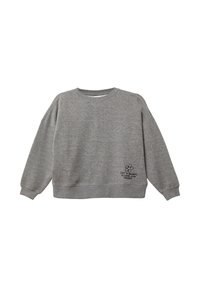 Felpa grigia realizzata in un mix di cotone, caratterizzata da un collo rotondo, spalle scese e un design floreale stampato con testo sul davanti.