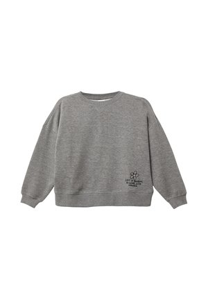Felpa grigia realizzata in un mix di cotone, caratterizzata da un collo rotondo, spalle scese e un design floreale stampato con testo sul davanti.