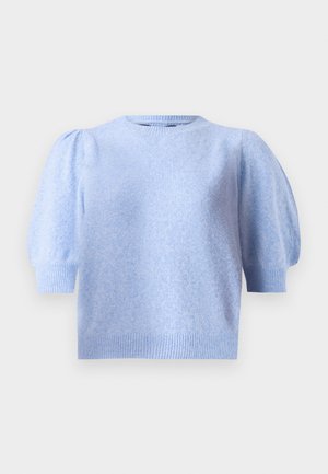 Lyseblå kortærmet sweater med rund halsudskæring, tekstureret overflade og puffede ærmer. Ribbet kant ved ærmer og kant.
