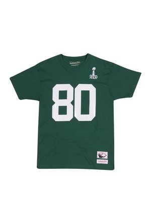 Maillot de sport vert foncé avec un grand numéro blanc 80, emblème du trophée du Super Bowl XLV, et un écusson rétro sur le bas avant.