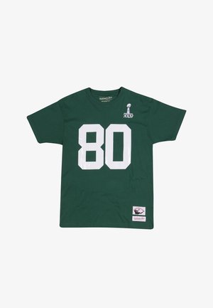 Maillot de sport vert foncé avec un grand numéro blanc 80, emblème du trophée du Super Bowl XLV, et un écusson rétro sur le bas avant.