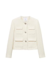 White cropped jacket in textured fabric with four front pockets, round neckline, and silver buttons along the center front.