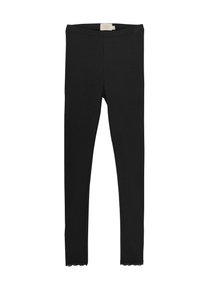 Svarta ribbade leggings med en åtsittande design, som har en spetsdetalj vid fållen. Tillverkade av mjukt, stretchigt material för komfort.