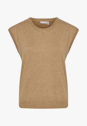 Hihaton neuleliivi vaaleanruskeasta kankaasta, jossa on pyöreä pääntie ja hieman laskettu kainalo, sekä sileä pinta.