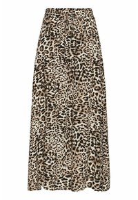 Jupe midi imprimée léopard en tissu léger, avec une taille élastique et un détail de cordon de serrage. Présente un design fluide et une texture plissée.