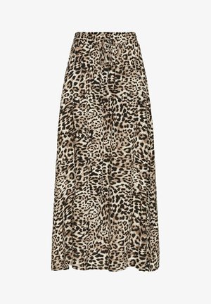 Jupe midi imprimée léopard en tissu léger, avec une taille élastique et un détail de cordon de serrage. Présente un design fluide et une texture plissée.