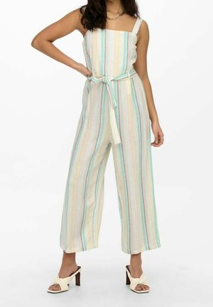 Gestreepte jumpsuit met vierkante halslijn, lichte stof, ceintuur met strik en wijdvallende pijpen; kleuren zijn wit, munt, perzik en geel.
