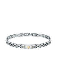 Silver metal bracelet with interlocking links, featuring a central gold accent and a logo. Smooth texture and polished finish.