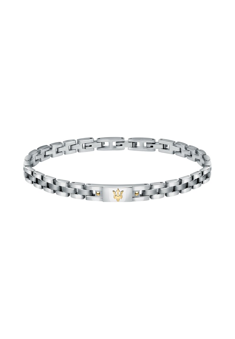 Silver metal bracelet with interlocking links, featuring a central gold accent and a logo. Smooth texture and polished finish.