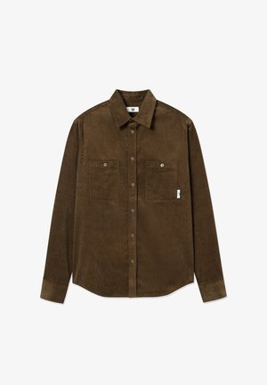 Smešani smeđi korduroy košulja s dugim rukavima, dva džepa na prsima, prednja kopča na dugmad i blago zakrivljen rub. Ima suptilnu rebrastu teksturu.