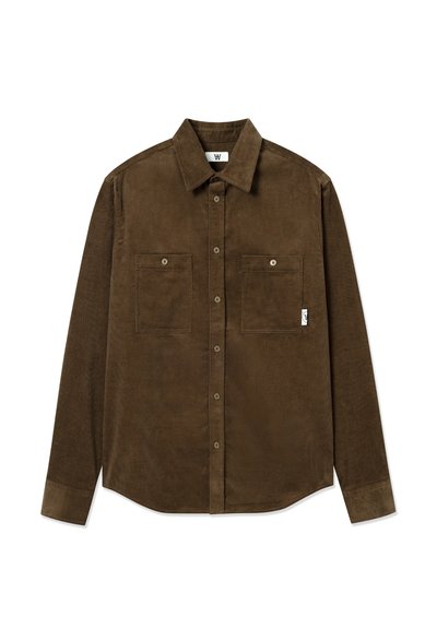 Brown corduroy shirt with long sleeves, two chest pockets, button-down front, and a slightly curved hem. Features subtle ribbed texture.