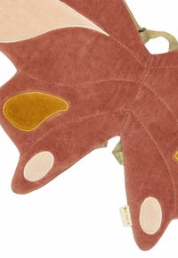 Soft fabric backpack shaped like a butterfly, featuring a dusty rose color with yellow and cream accents. Includes adjustable straps.