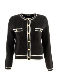 Cardigan nero con texture e rifiniti in bianco, dotato di bottoni dorati e due tasche sul petto. Il design include un collo rotondo e maniche aderenti.