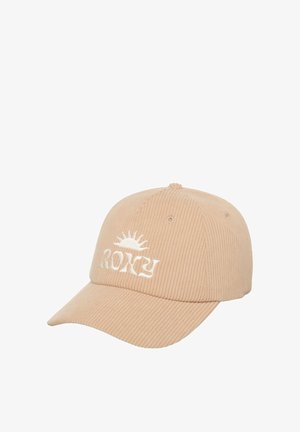 Hellbeige Corduroy-Mütze mit eingesticktem weißem "ROXY"-Logo und Sonnenmotiv auf der Vorderseite, mit gebogener Krempe und strukturierter Oberfläche.