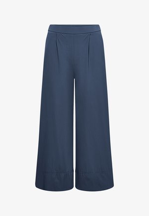 Wide-leg navy blue pants with pleats at the waist and a cuffed hem, designed for a loose, comfortable fit.