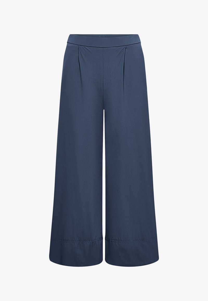 Wide-leg navy blue pants with pleats at the waist and a cuffed hem, designed for a loose, comfortable fit.